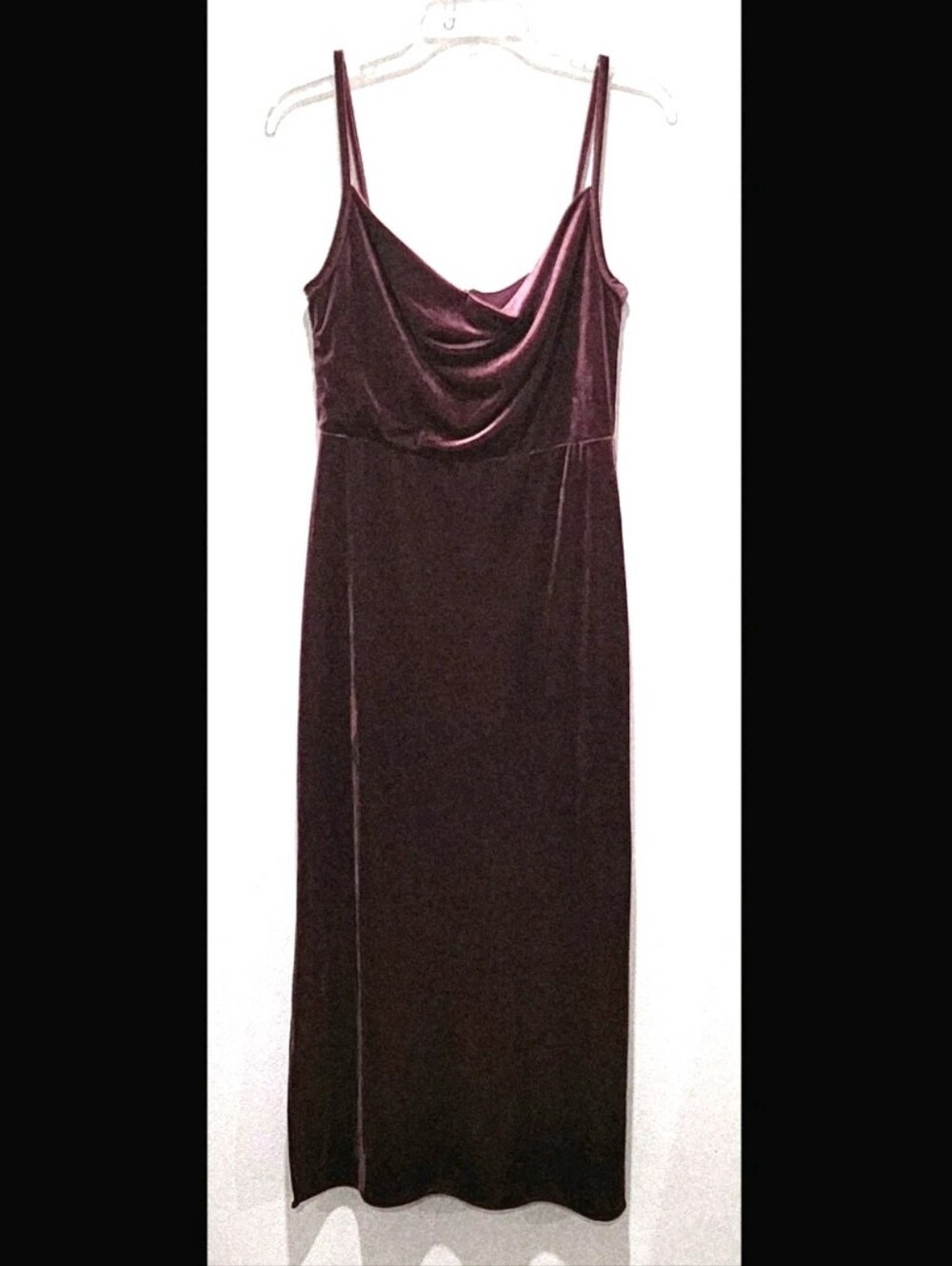 Taylor Purple Velvet Cowl Neck Midi Dress 8 Side Slits Cocktail Evening Slip